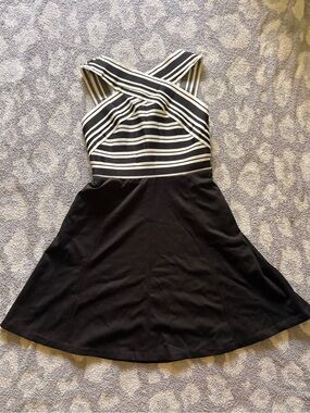 Maeve Black and White Striped Fit-and-Flare Mini Dress